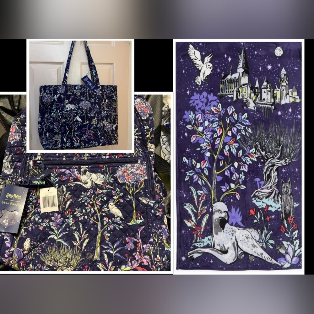 Vera Bradley Purple Floral Backpack, Large Tote & Throw Set! Brand New In Bags!!